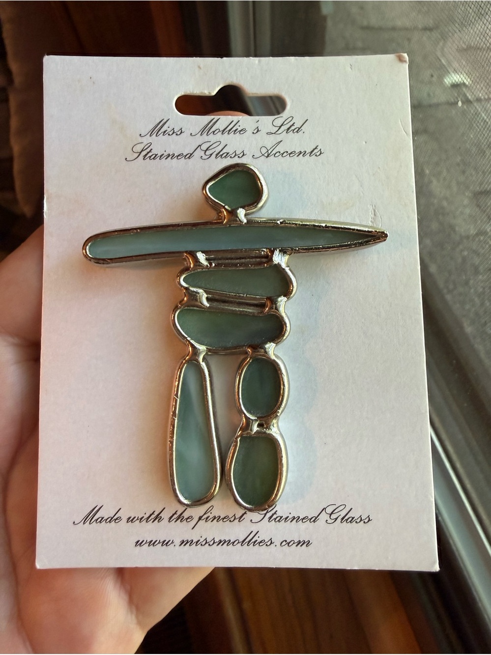 Miss Mollie's Stained Glass Green Inukshuk Pendant Brooch